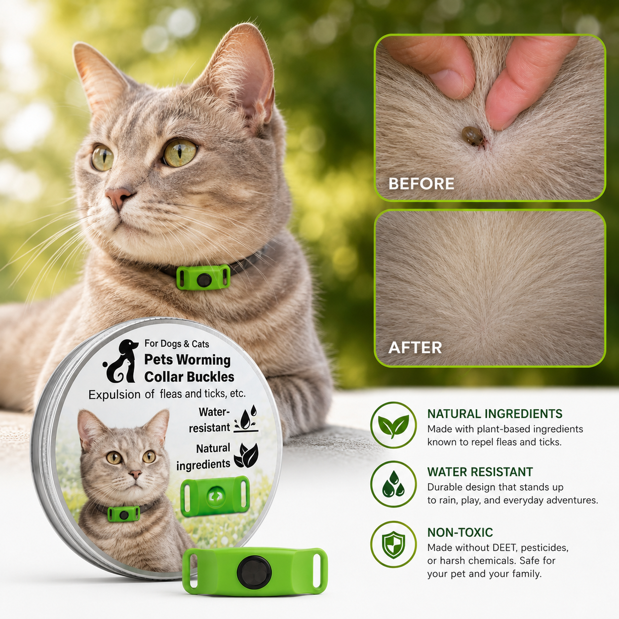 Flea & Tick Repellent Collar Buckle — Natural, Chemical-Free Clip-On for Dogs & Cats